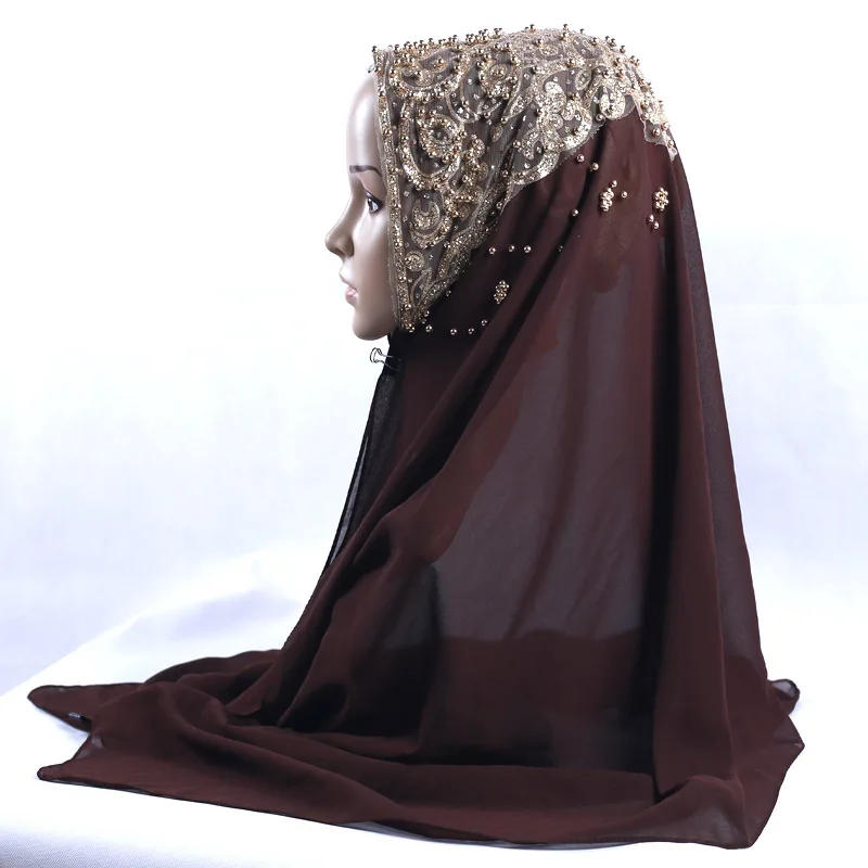 Luxury Women Beaded Chiffon Scarf Muslim Islamic Party Hijab Head Wraps Shawls Arab Headband Turban Stole 72*170cm 6