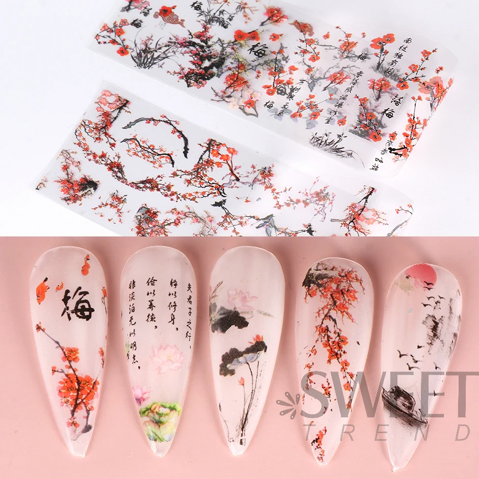 10pcs Chinese Style Nail Art Foils Ink Painting Characters Cloud Crane Design Transfer Sliders New Year DIY Decor Stickers DXK12 4