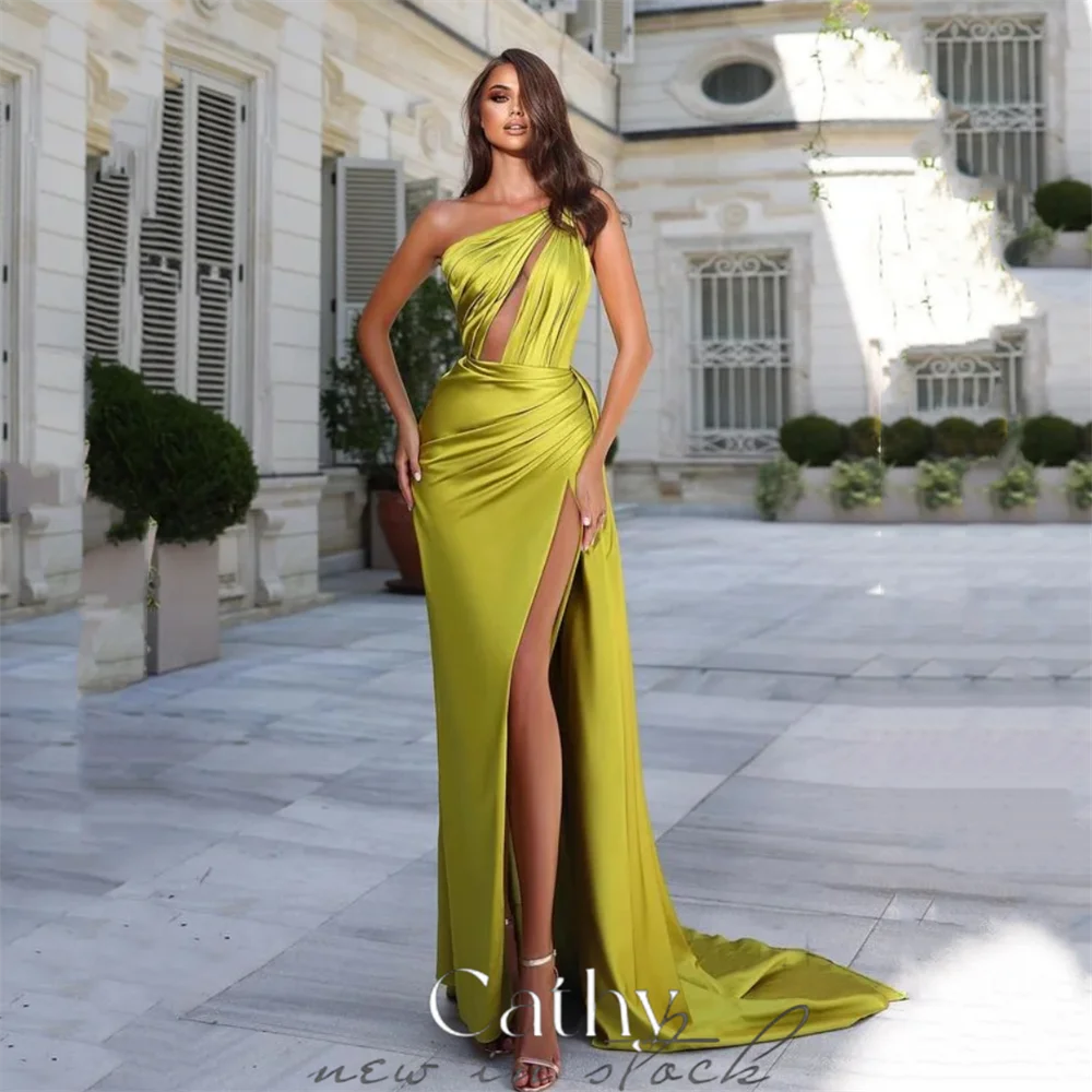 

Cathy Matcha Green Prom Dresses 2023 One Shoulder Mermaid Vestidos De Noche Side Split Prom Gown Sexy Fishtail Fas Kaftan kadın
