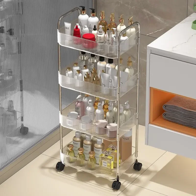 

Household kitchen transparent white storage rack, high-end simple mobile small cart, bathroom storage rack, floor storage rack