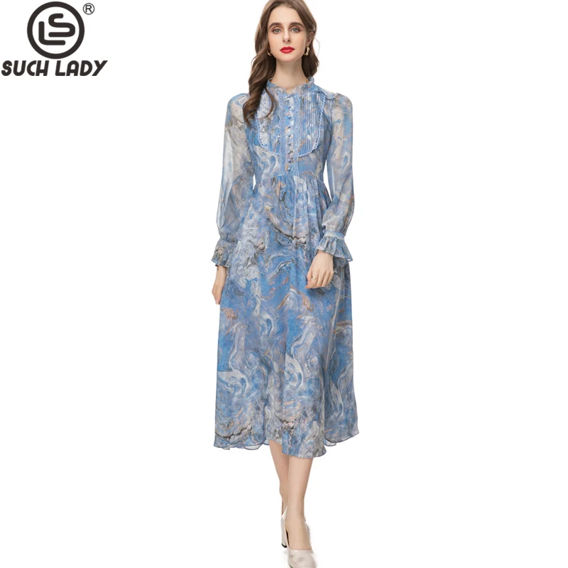 

Women's Runway Dresses Ruffled Collar Long Sleeves Printed Floral Pleated Lace Up Elegant Designer Vestidos