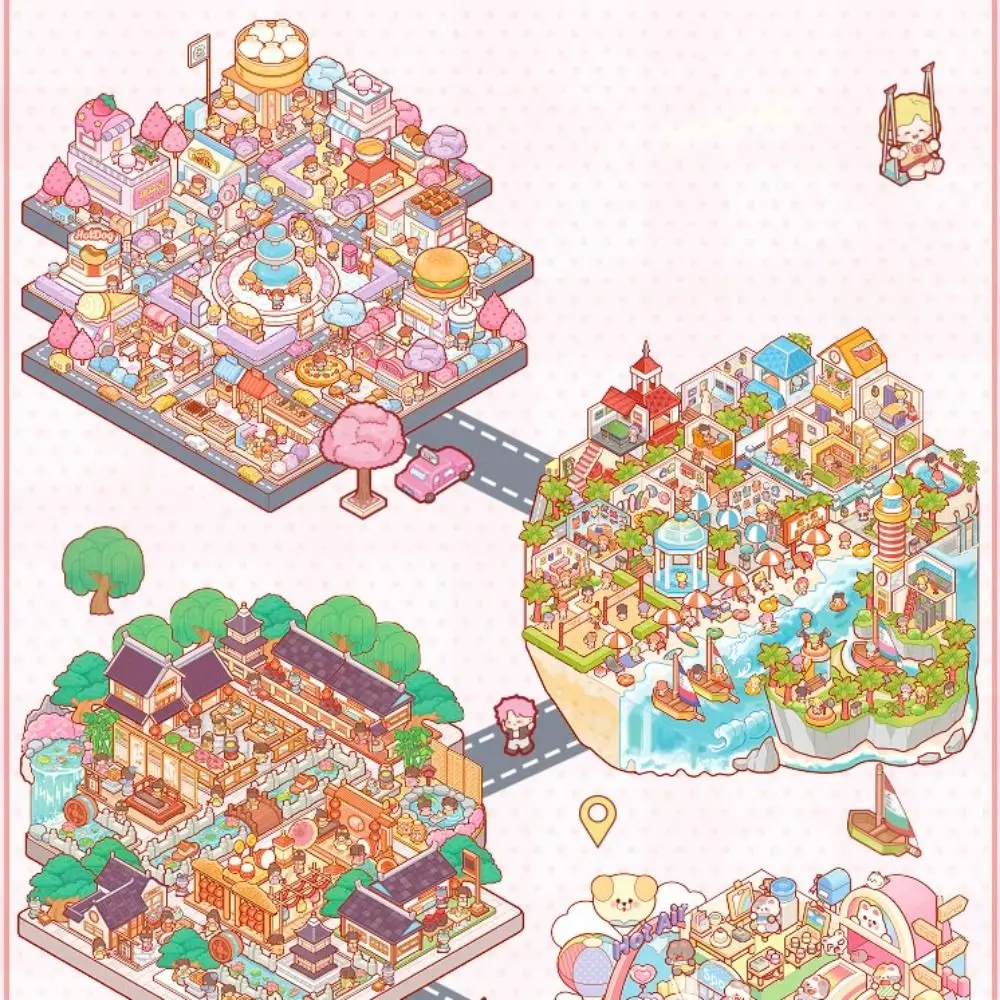 Kawaii PET Miniature Scene Collection Cartoon Visual Stacking 3D Pocket Cabin Scene Stickers 3D DIY Landscape Sticker Book Kids