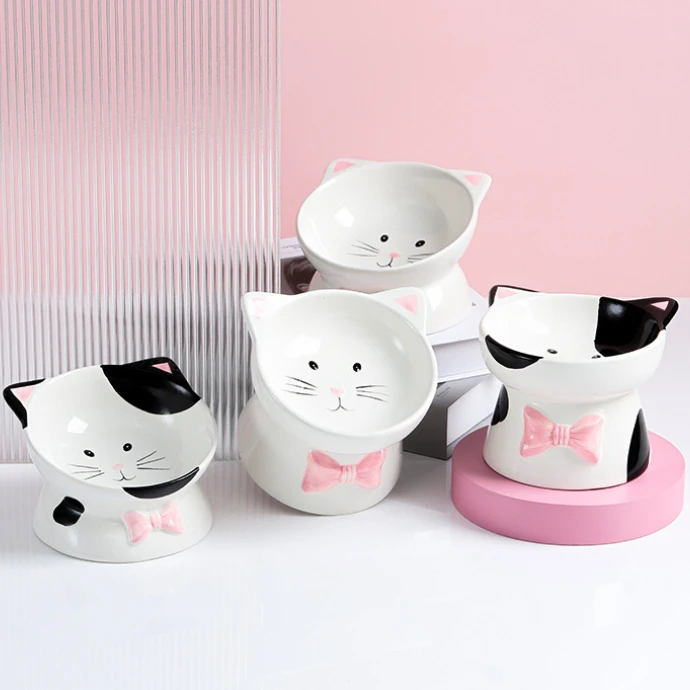 

Ceramic Tall Cat Bowl Black and White Color Cat Head Small Dog Food Bowl Large Bowl Mouth Increase Neck Protection Cat Food Bowl