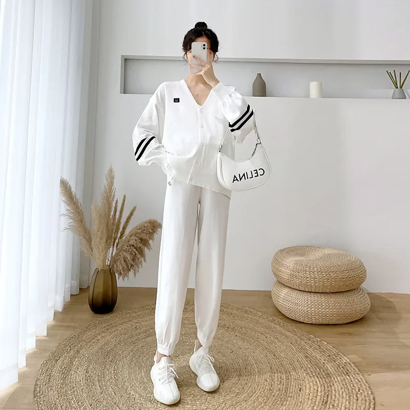 임산부 패션 세트, 가을 니트웨어, 캐주얼 재킷, 바지, 트렌디 아웃웨어, 2 피스 세트