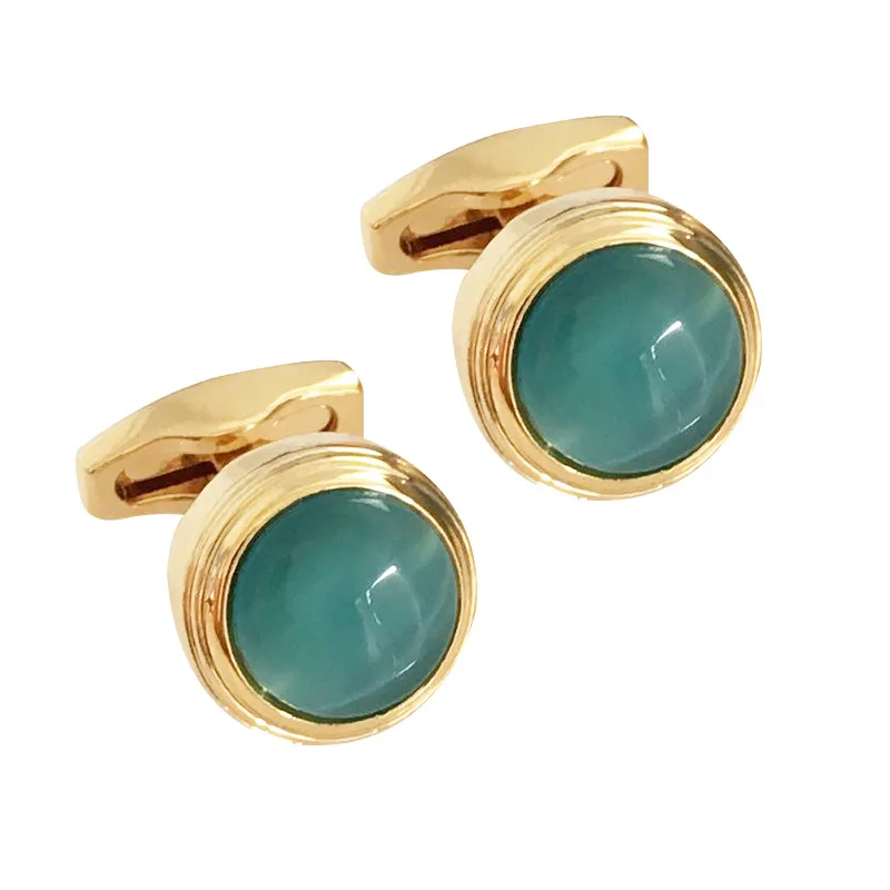 

Round Green Opal Stone Cufflink Set for Men Boutons de manchette Gold Plated French Cuff Shirts Cuff links Apparrel Accessory