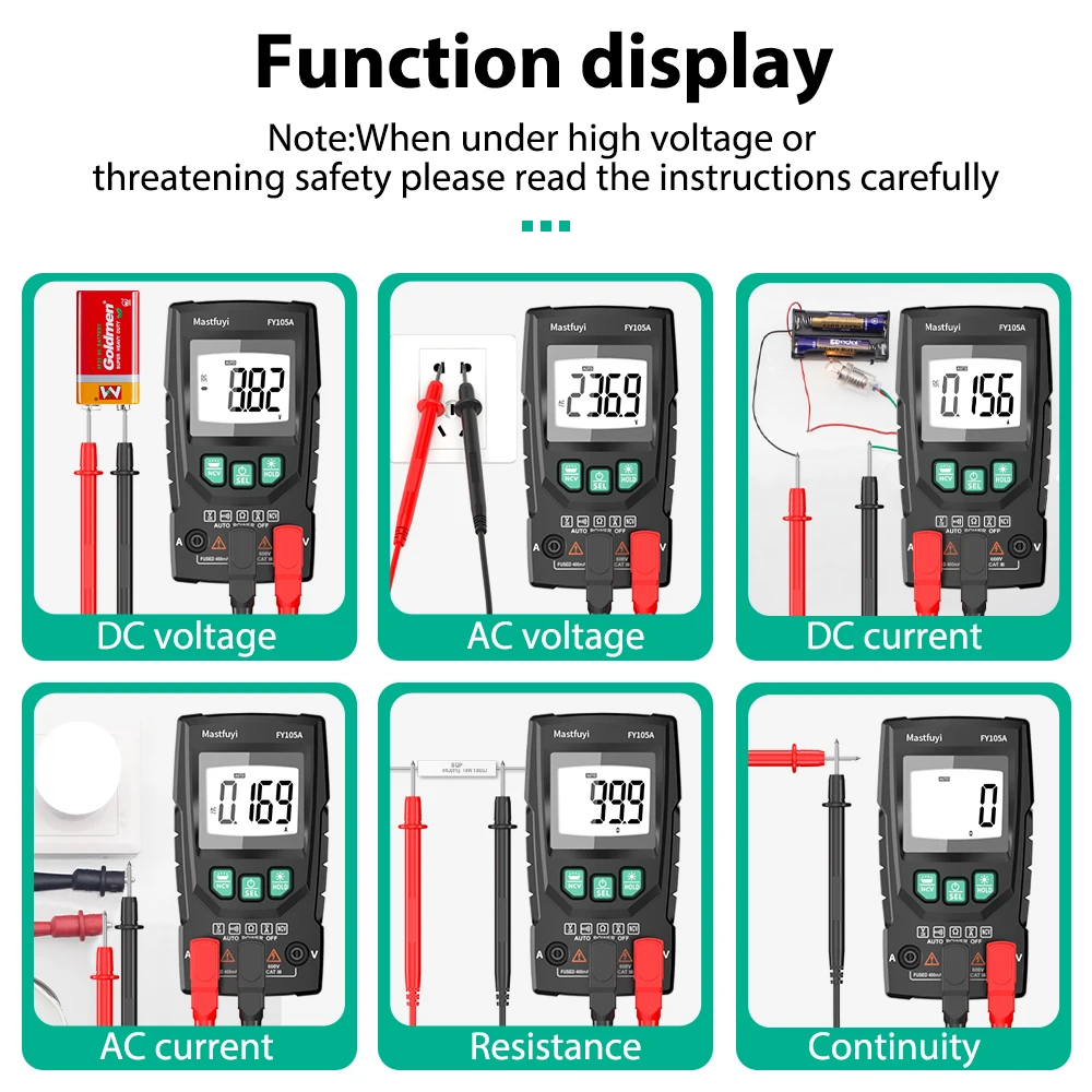 MASTFUYI Auto-Ranging Digital Multimeter AC/DC Voltage Current Resistance Tester with NCV Flashlight Continuity Mini Multimeter
