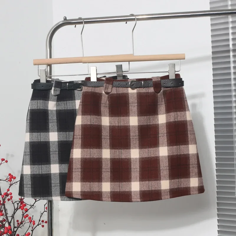

Retro Plaid Skirts for Women Autumn/Winter High Waist A-line Wrapped Hip Short Skirt with Belt Preppy Style Woman Clothing