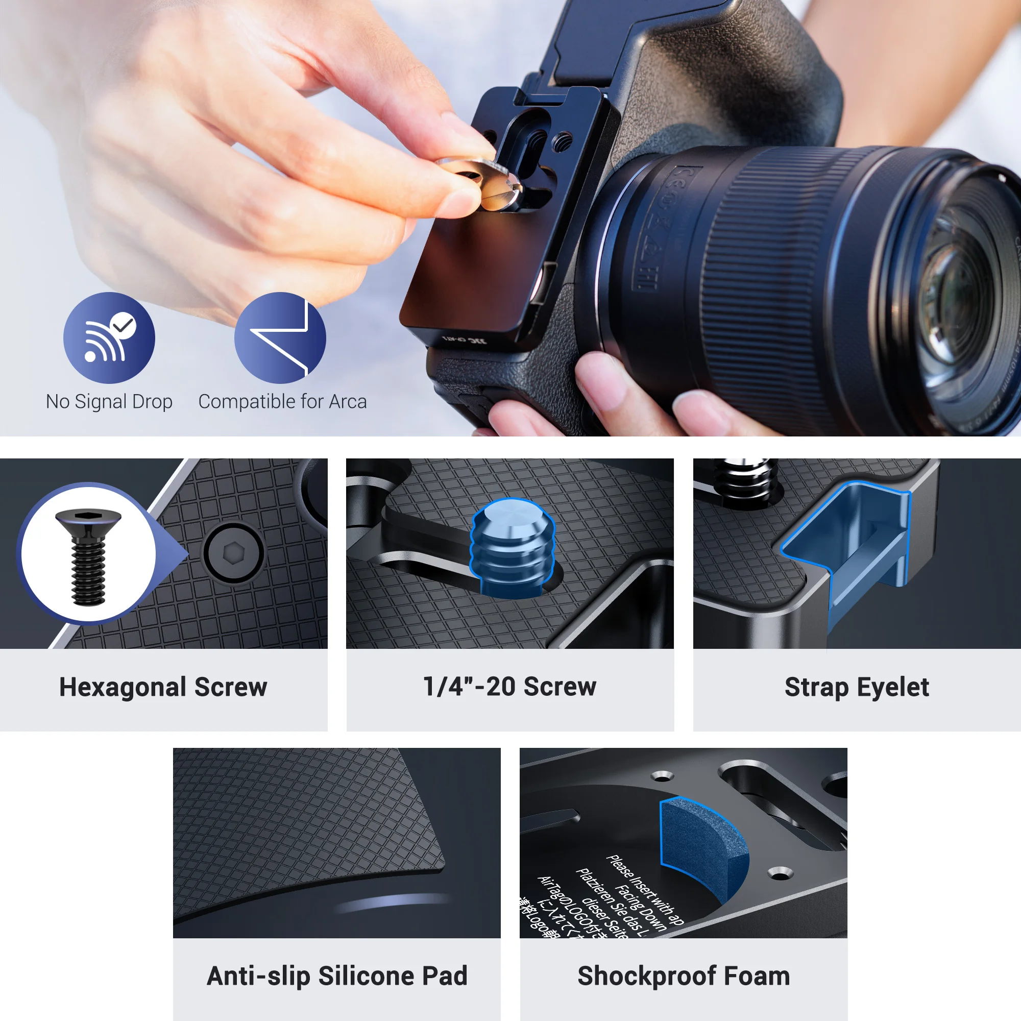 Camera Tripod Adapter JJC AirTag Quick Release Plate with 1/4"-20 Screw for Canon Sony Nikon Fujifilm