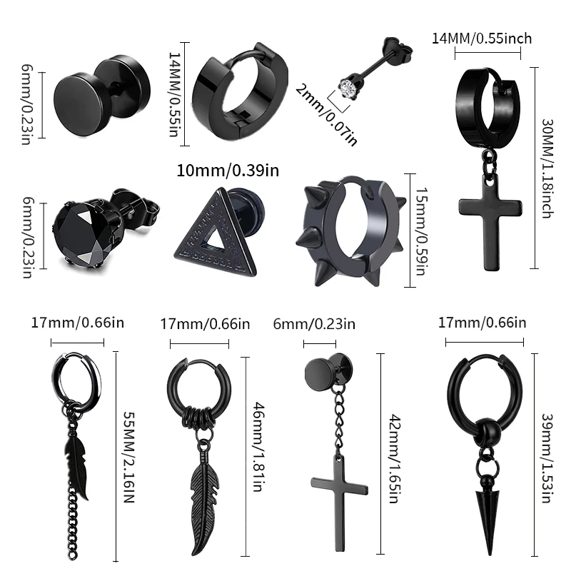 1 /11 Pairs Punk Stainless Steel Stud Earrings Black Earrings Set For Men Women Vintage Hip Hop Piercing Ear Jewelry Accessories 6
