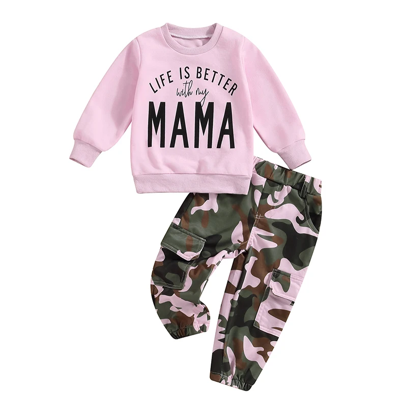 

2023-06-29 Lioraitiin 0-6Years Baby Girl 2Pcs Fall Outfits Long Sleeve Letter Print Sweatshirt Camouflage Pants Set