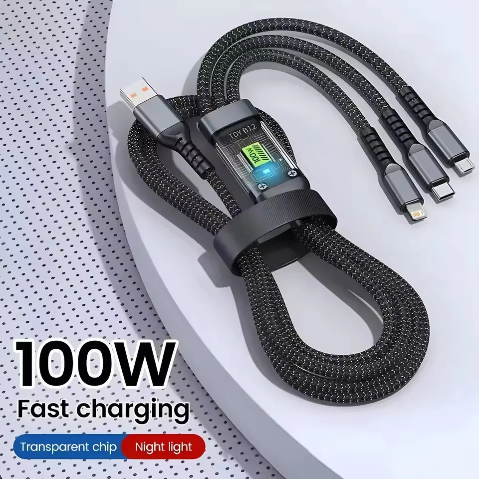 100W 고속 충전 케이블 3 in 1 멀티 충전 케이블 나일론 브레이디드 다중 USB 유니버설 충전 코드 어댑터 타입-C 마이크로 포함