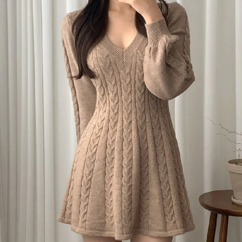 

Korean Chic Girl Mini Dress Y2K Lantern Sleeve A Line Flared Knitted Dress Autumn Winter Vintage V-neck Waist Sweater Dress