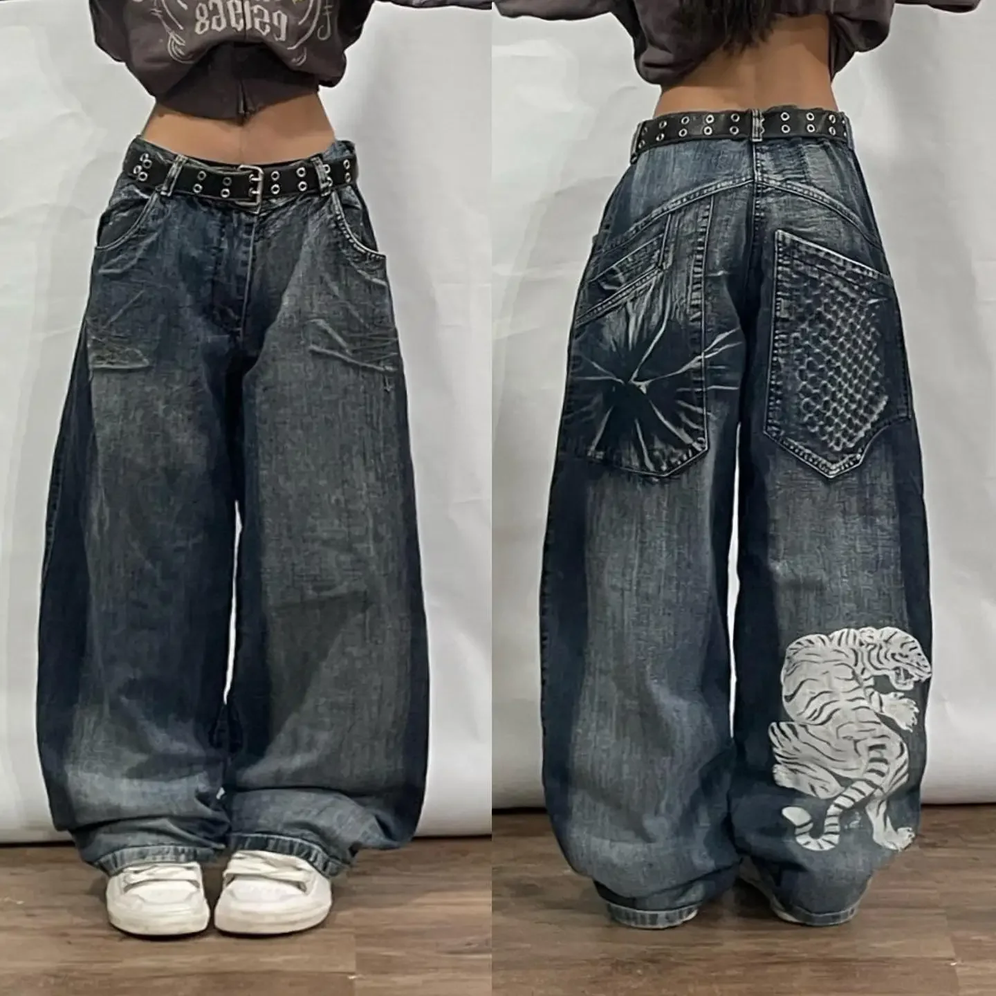 

Hip Hop Graphic Retro Mom Jeans 90s Pants Streetwear Womens Harajuku Fashion Gothic High Waist Wide Leg Trouser Y2K Baggy Jeans