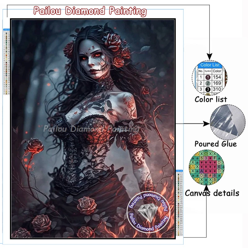 Horror Sugar Skull Gothic Woman Diamond Painting Crystal Halloween Skeleton Girl Dark Art Cross Stith Kits Mosaic Home Decor