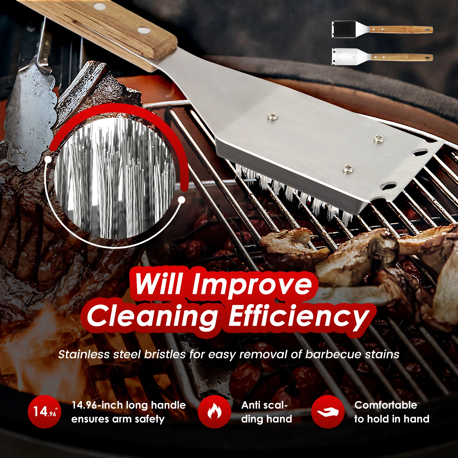 2Pcs Barbecue Brush 15 Inch BBQ Brush Kit Outdoor Effective Grill Cleaning with Wood Handle and Scraper for Grill Cleaning