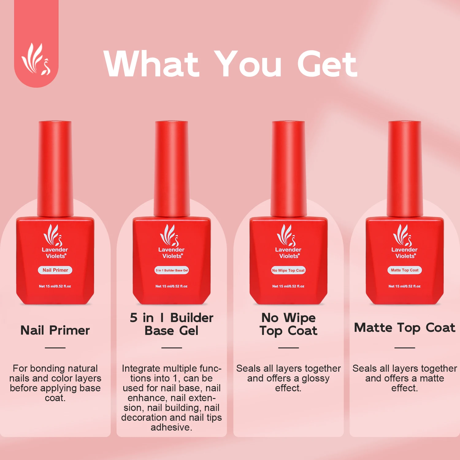 4pcs 15ml Nail Primer 5 in 1 Builder Base Gel Glossy Top Coat Matte Top Coat For Beginner Use Home Salon Nail Art Design nail art set nail treatment nail top coat