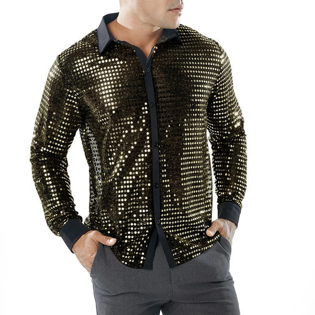 Men's Sparkly Sequins Shirts Long Sleeve Lapel Collar Party Dance Retro 70s Disco Nightclub Bling Tops Male Shirt