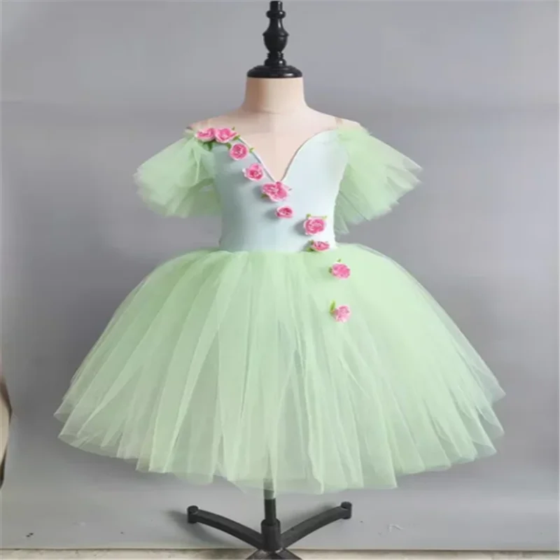 

Romantic Tutu Girl Ballet Costumes Girls Child Green Tulle Skating Dress Ballerina Bubble Short Sleeve Lace-up Summer Dress