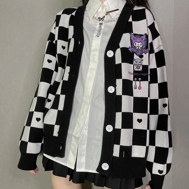 Фото Kawaii Sanrio Y2k, вязаный женский кардиган, свитер, милый мультяшный Коричный курол, вышивка My Melody, японская форма Jk, пальто №3