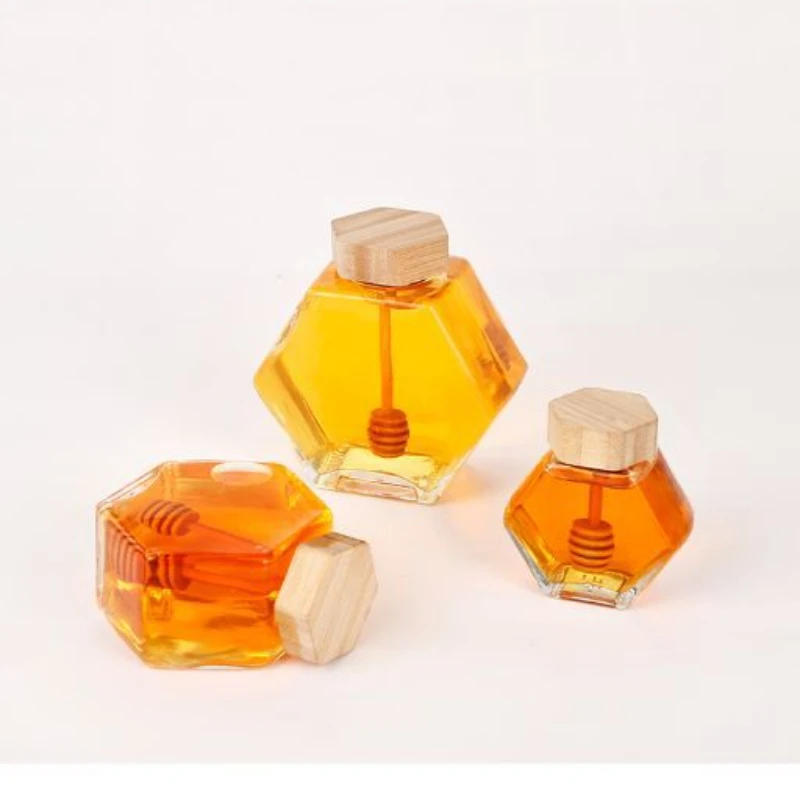 100ml/220ml/380ml Bamboo Wood Cover Hexagonal Glass Jar with  Stirring Dipper Hexagon Honey Container Storage Bottle 2