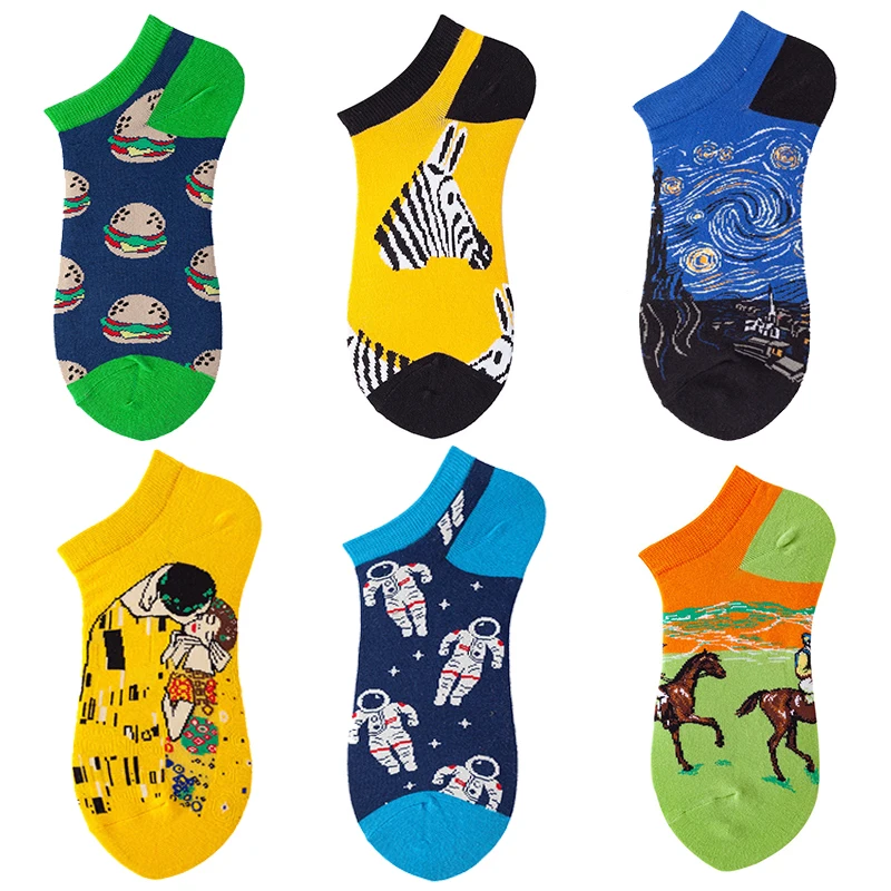 

Fashion Colorful Short Socks Men Cotton Novelty Oil Painting Animals Food Avocado Casual Funny Women's socks Ankle Sox