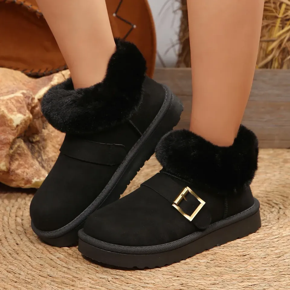 Women's Retro Fleece Lined Snow Boots Low Cut Winter Warm Slippers Rubber Bottom Korean Style Ankle High Cotton Shoes