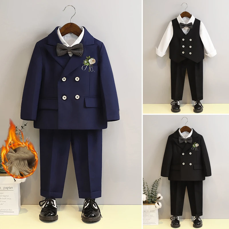 Suit for Boys Winter Fleece Warm Flower Kids Wedding Banquet Performance Clothes Black Thicken Children Blazer Set 1 To 12 Years