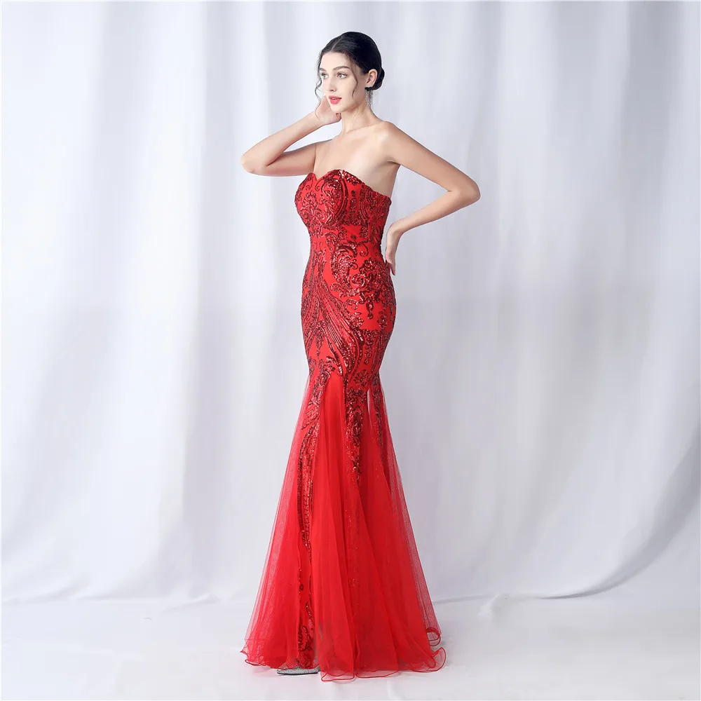 Women's Strapless Sweetheart Neck Special Flower Sequined Lace Mermaid Evening Dress Wedding Gown