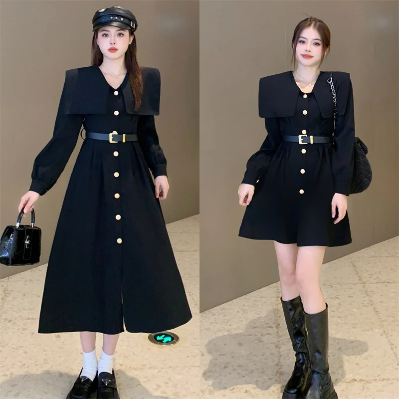 

French Hepburn Style Black Dress For Women's 2024 New Autumn And Winter Temperament High-End Small Dress Lapel Dress With Belt