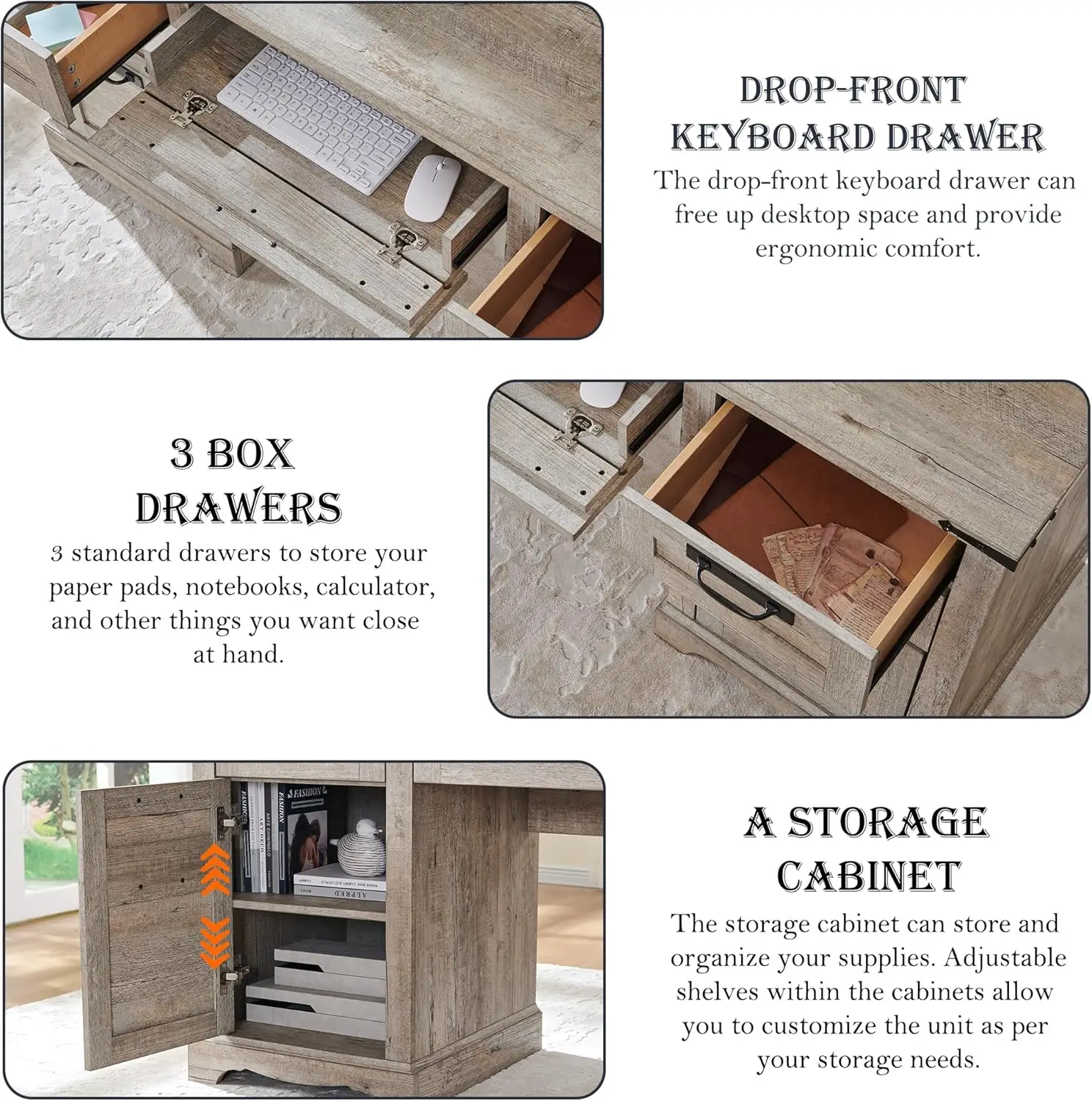 60" Executive Desk, Farmhouse Home Office Desk with Drawers, Charging Station, Keyboard Tray