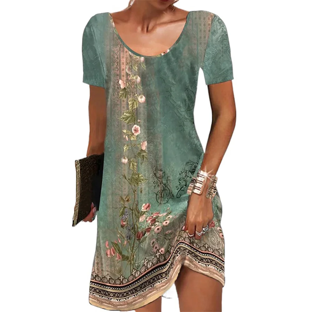 

Douhoow Hot Summer Women Round Neck Mini Dress Ethnic Style Short Sleeve Floral Print Loose Fit Dresses Retro vestido feminino