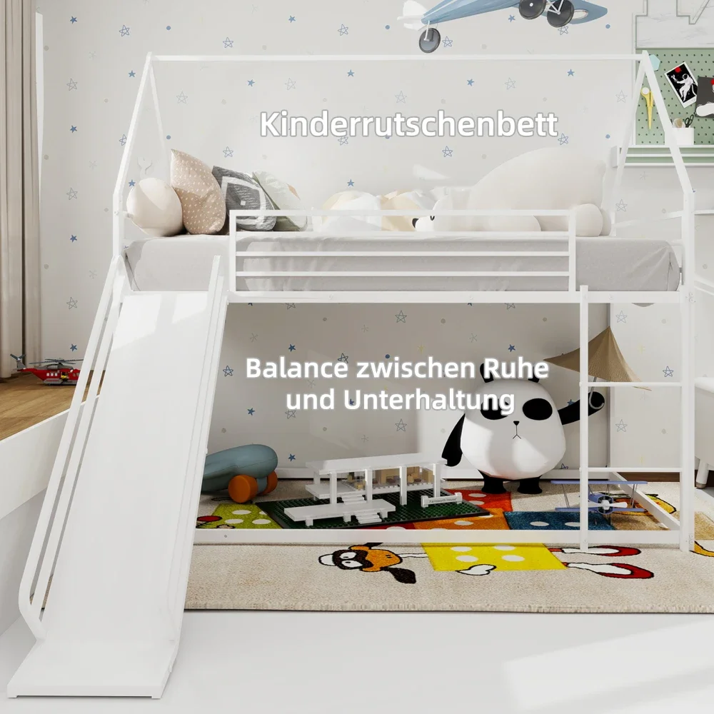 90 x 190 cm großes Etagenbett über zwei Personen mit Rutsche für Kinderzimmer, hausförmiger Bettrahmen mit Leiter, kein Boxspringbett erforderlich und einfach zu installieren – Detail 26