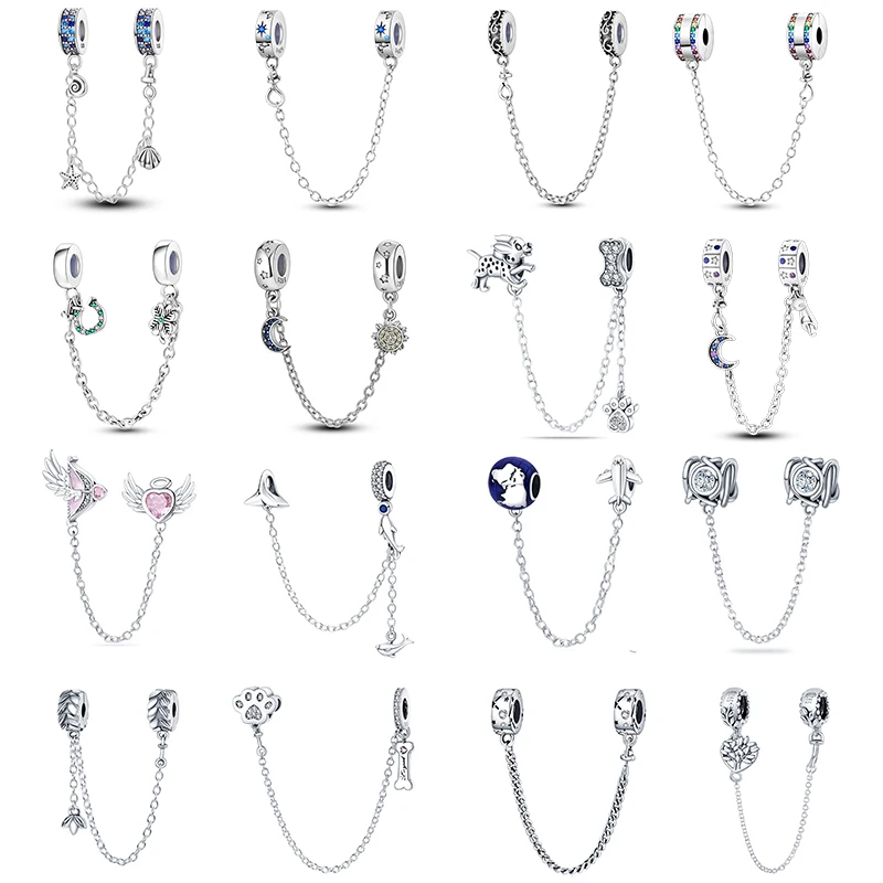 

Real 925 Sterling Silver Stars & Moon Sunflower Safety Chains Spacer Beads Charms Fit Pandora 925 Original Bracelets DIY Jewelry