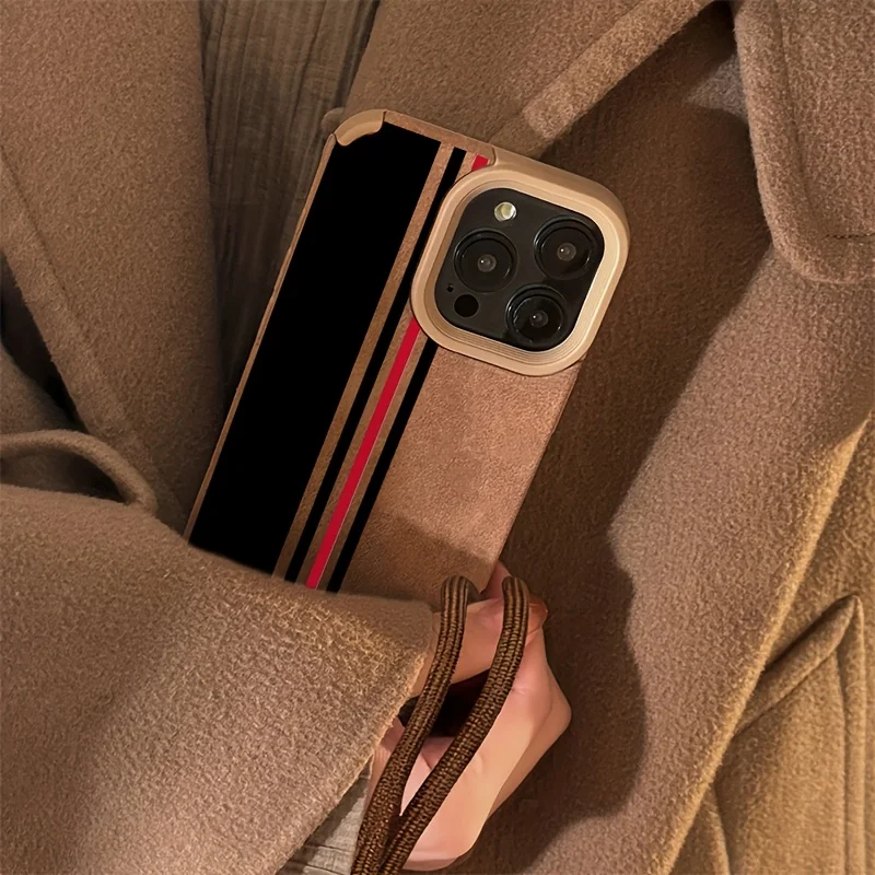 Luxury Black and Red Stripe Leather Wrist Strap Phone Case with Lanyard Feature