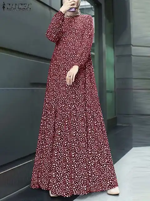  - Fashion Women Muslim Dubai Turkey Abaya Hijab Dress ZANZEA Casual Polka Dot Printed Maxi Sundress Robe Femme Ramadan Vestido