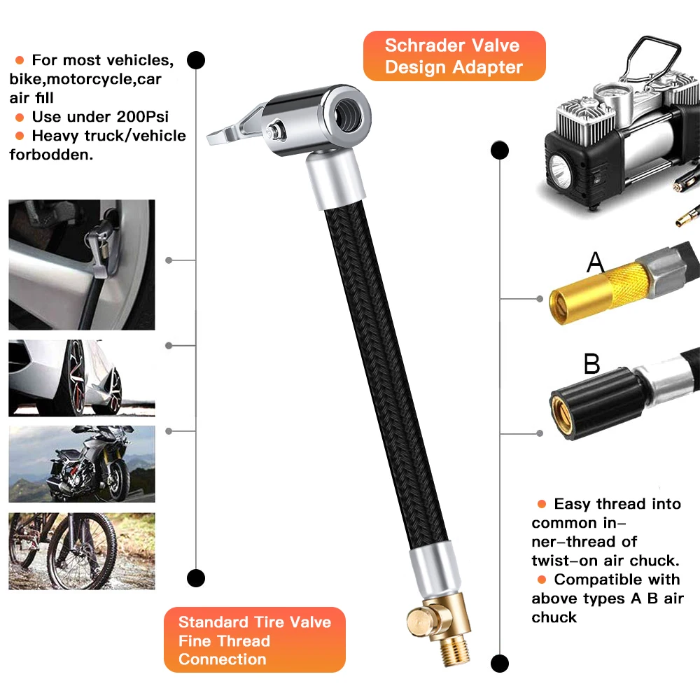 HIYITKS Tuyau De Pneu De 50,8 Cm Avec Adaptateur De Gonflage, Mandrin à Air Verrouillable, Pince De Valve Portable Et Connecteurs En Laiton Pour L'entretien De Voiture, Moto, Vélo Et Camion