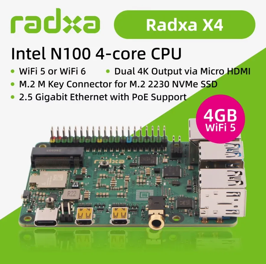 Radxa X4 Intel N100 PCIe 3.0 M.2 M Key WiFi 5/6 High-Performance SBC Dual 4K Output single board computer mini development board
