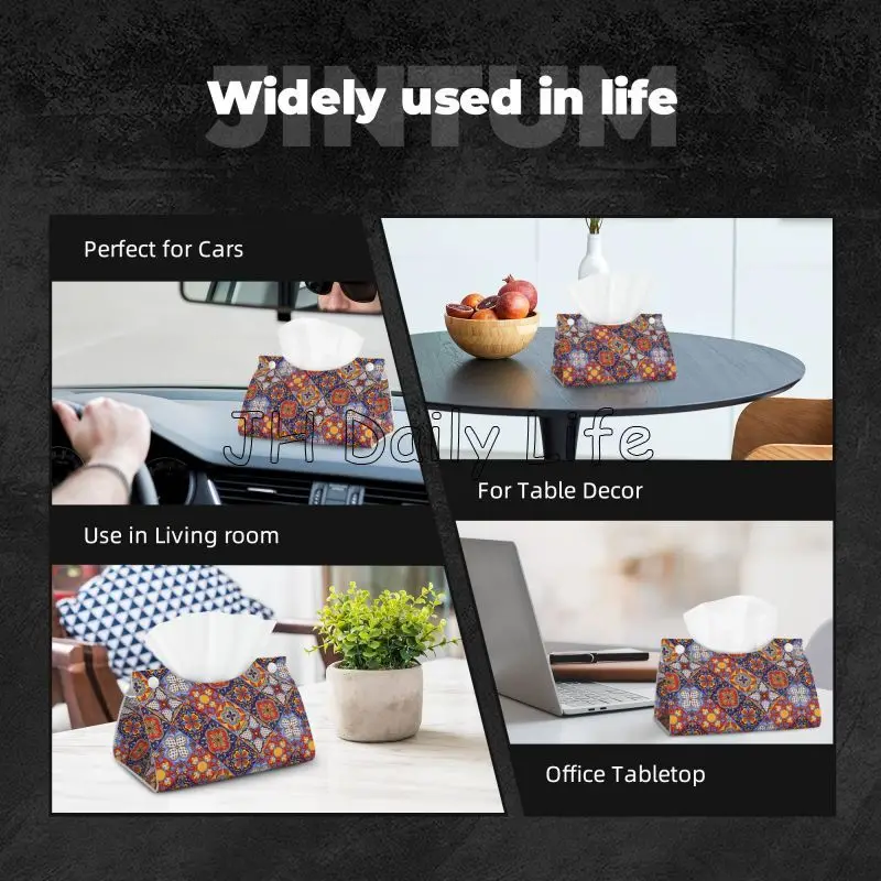 Bohemian Mandala Art Tissue Box Cover Colorful Mexican Ceramic Tile Rectangular PU Leather Tissue Holders for Home Office Car 6