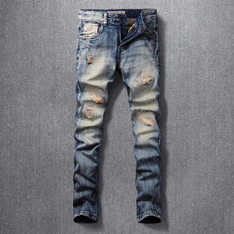 fashion ripped patchwork jeans men casual blue slim fit straight pants streetwear striped patch denim trousers Fashion Streetwear Men Jeans Retro Blue Washed Slim Fit Destroyed Ripped Jeans Men Patchwork Vintage Casual Denim Pants Hombre