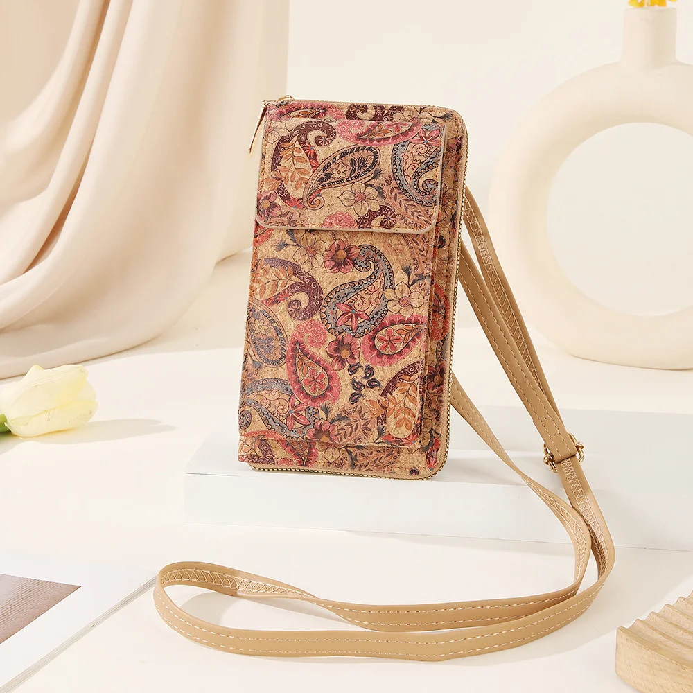 Flower Print Purse Spacious Cork Print Handbag Women'S Mobile Phone Bag Versatile Crossbody Bag For School Everyday Use Outdoor