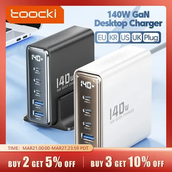 Toocki 데스크탑 고속 충전 USB C 타입 충전기, 아이폰 샤오미 스마트폰 노트북용 LED 디스플레이 충전기, 140W GaN, 5in 1
