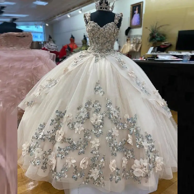 

Шампанское кружевное платье Quinceanera с открытыми плечами, милое бальное платье 16 дюймов, кружевное 3D цветочное оформление детской принцессы