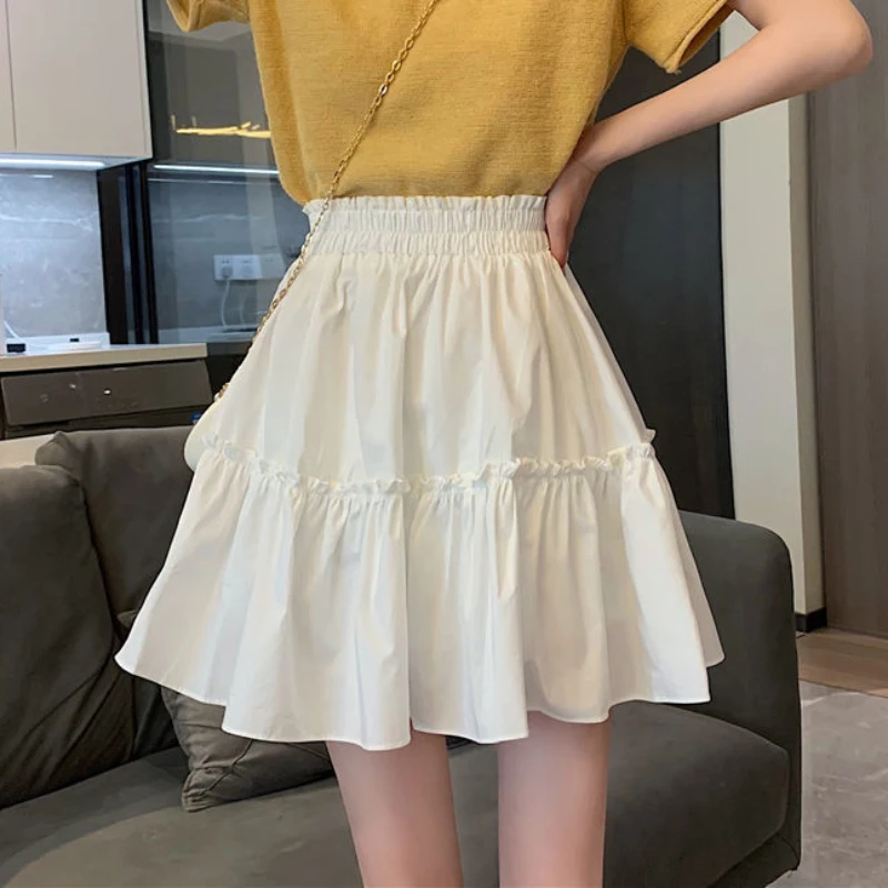 JMPRS Elegant White Women Mini Skirt Elastic High Waist A Line Fashion Ruffles Student Skirts Summer Black Casual Ladies Skirts pleated midi skirt