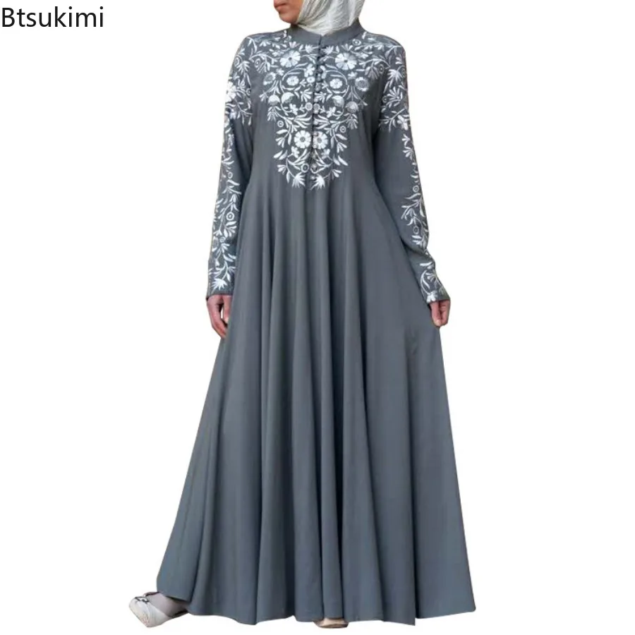 Eid Muslim Maxi Dress for Women Abaya Hijab Turkey Kaftan Ethnic Style Printed Stand Collar Robe Female Elegant Vintage Vestidos