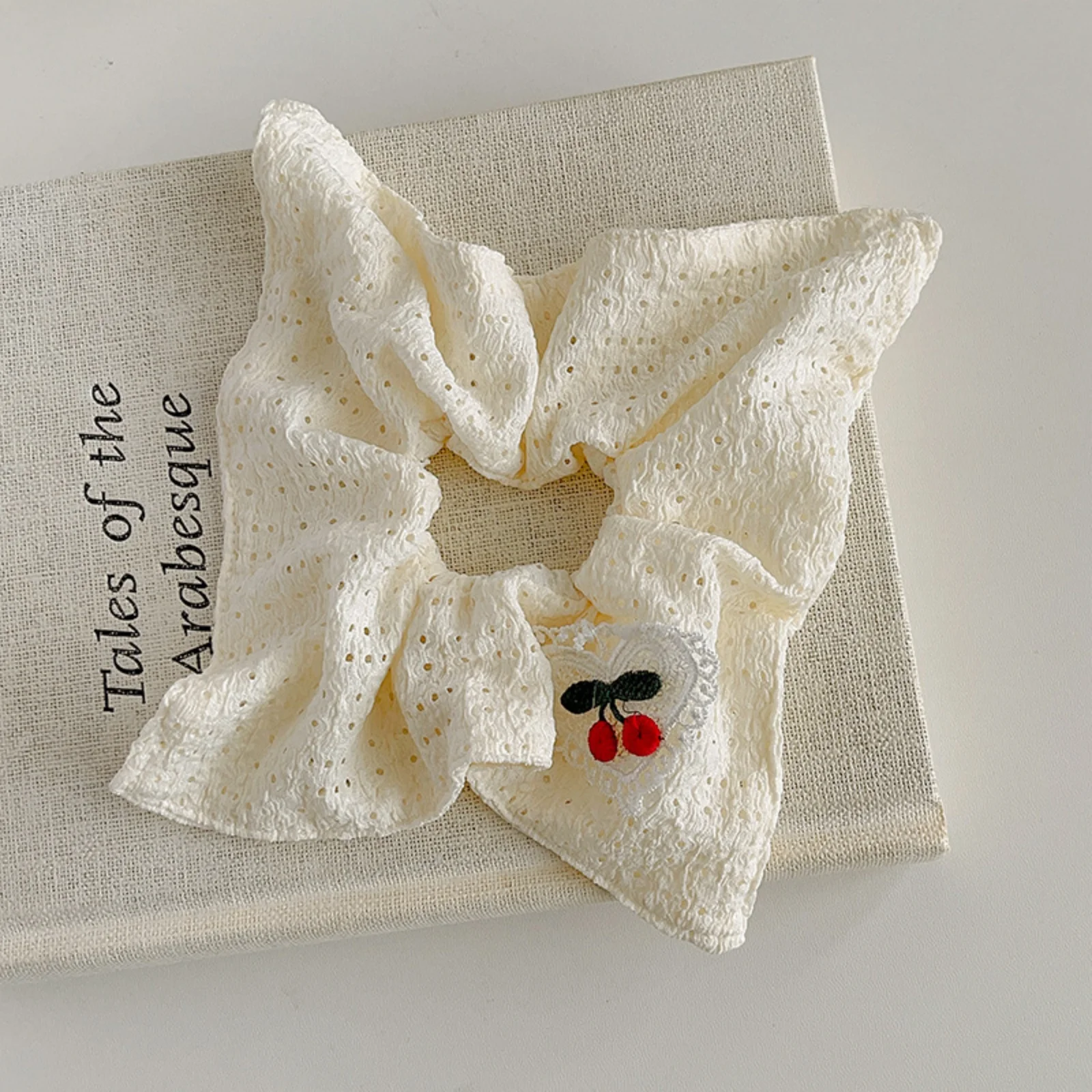 White Eyelet Scrunchies with Cherry Embroidery, Bow Hair Ties, Cute Girl Hair Accessories, Ideal for Ponytails