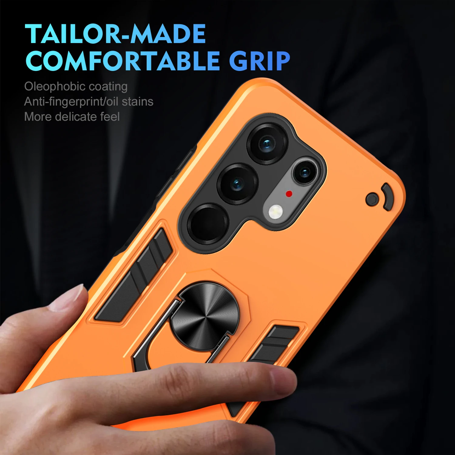 Rugged Armor Shockproof Phone Case with Magnetic Ring Holder and TPU Frame