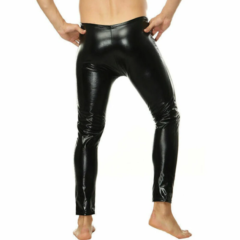Mens Erotic Temptation Trousers Sexy U Convex Pouch Zip Open Trousers Tight Leggings Club Slim Stretch Wet Look PU Leather Pants
