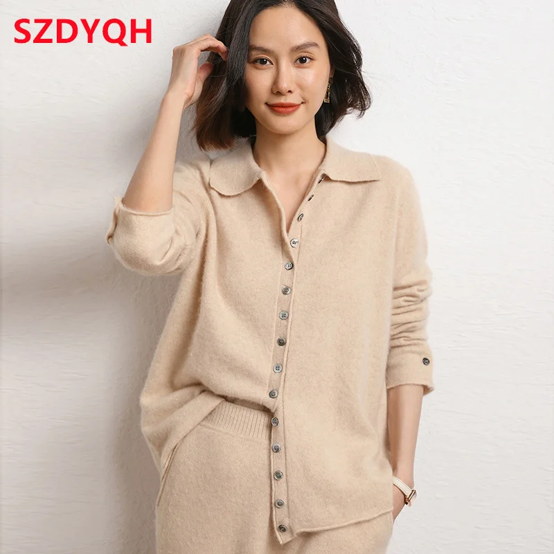 

Женский кашемировый свитер, однотонный вязаный кардиган с отложным воротником, свободный жакет, Осень-Зима 100%