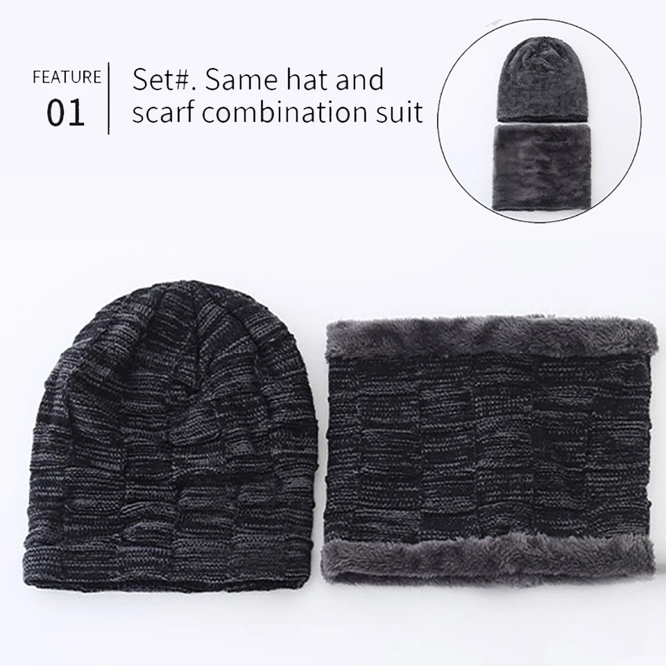 KoKossi Winter Hat Cover Headband Scarf Set With Thick Velvet Soft Windproof Cold Resistant Woolen Hat Warm Men Knitted