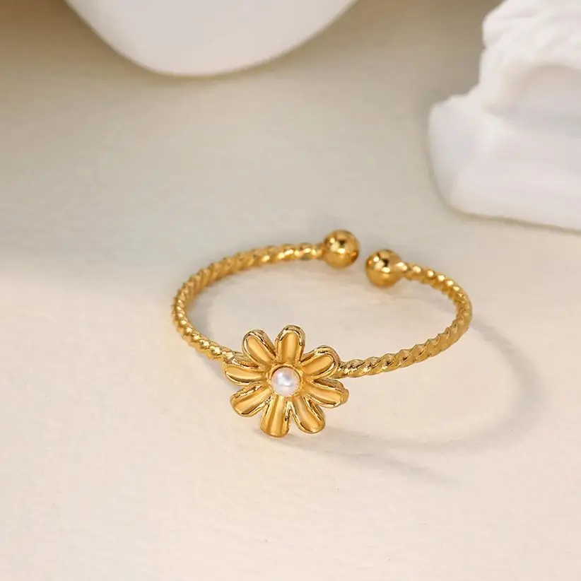 Sunflower Pearl Rings Women Gold Stainless Steel Adjustable Finger Ring